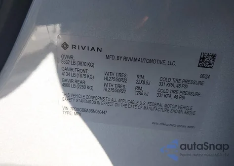2025 Rivian R1S Adventure Dual Motor Large Pack/Adventure Dual Motor Max Pack from USA, damaged, VIN 7PDSGBBA9SN050447
